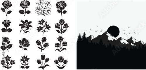 A collection of botanical vector icons featuring black silhouettes of roses, lilies, and tulips alongside a minimalist black and white mountain landscape with a dark sun and flying birds.
