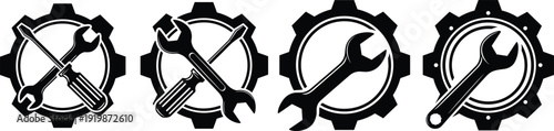 Mechanical service gear icons with wrench and screwdriver symbols isolated on white background, repair and maintenance emblem set for automotive workshop, engineering service and industrial support
