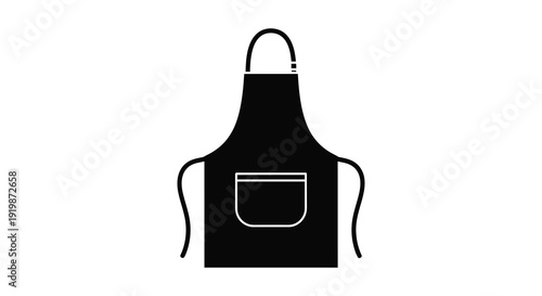 A simple black silhouette of a kitchen apron with straps and a front pocket is displayed high quality