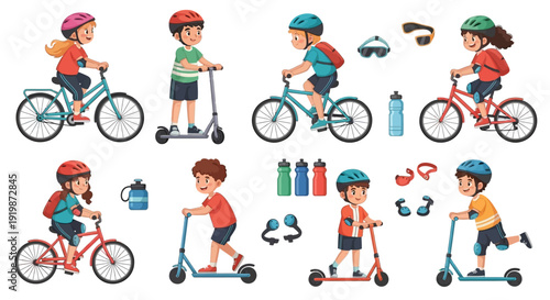 Happy children riding bicycles and scooters while wearing safety helmets and protective gear