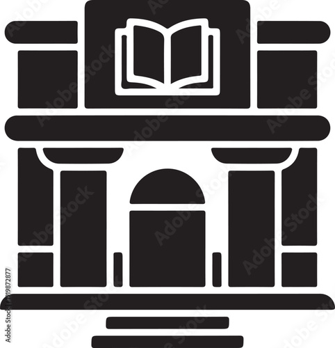 Black and white of a building with columns and an open book