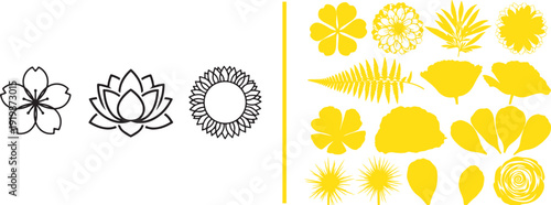 A collection of botanical vector icons featuring three black-and-white line art flowers and a variety of vibrant yellow silhouettes of leaves, petals, and blossoms in organic shapes.