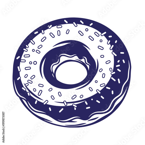 Illustration of a blue donut with white frosting and sprinkles on white background