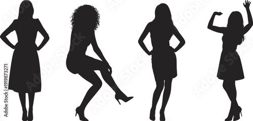 Women Silhouette Collection, Fashionable Female Figures Posing in Dresses and Heels Isolated on White Background, Vector Illustration Set