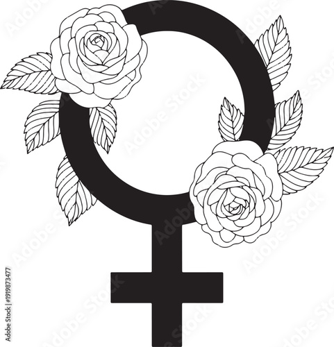 Botanical Female Symbol – Printable Coloring Page Art - Floral Feminine Sign Outline – Elegant Rose Tattoo Design - female gender symbol art, feminist line art, woman empowerment design, floral female