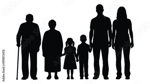 A diverse family of six standing together in silhouette against a white background isolated on white background, Vector