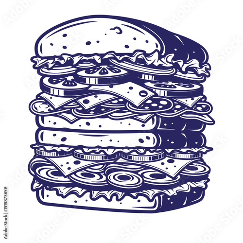 Illustration of a large stacked cheeseburger with multiple layers of cheese lettuce tomato and meat on a bun  a classic American food