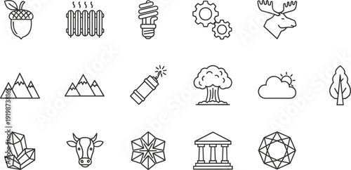 Nature and industry line icons set featuring mountains crystal deer radiator dynamite gears tree weather energy
