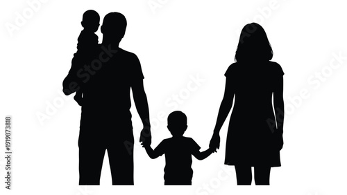 Silhouette of a family of four standing together in a line holding hands. isolated on white background, Vector