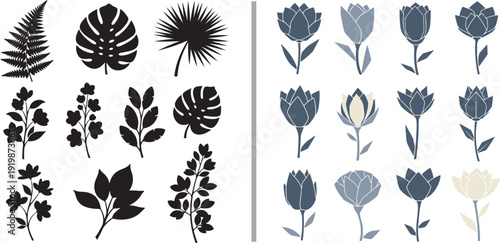 A diverse vector set featuring black botanical silhouettes, including tropical leaves and ferns, alongside minimalist potted succulents and rows of stylized magnolia blossom borders.