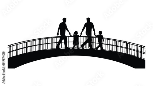 A family of four walking together on a bridge during the evening. isolated on white background, Vector