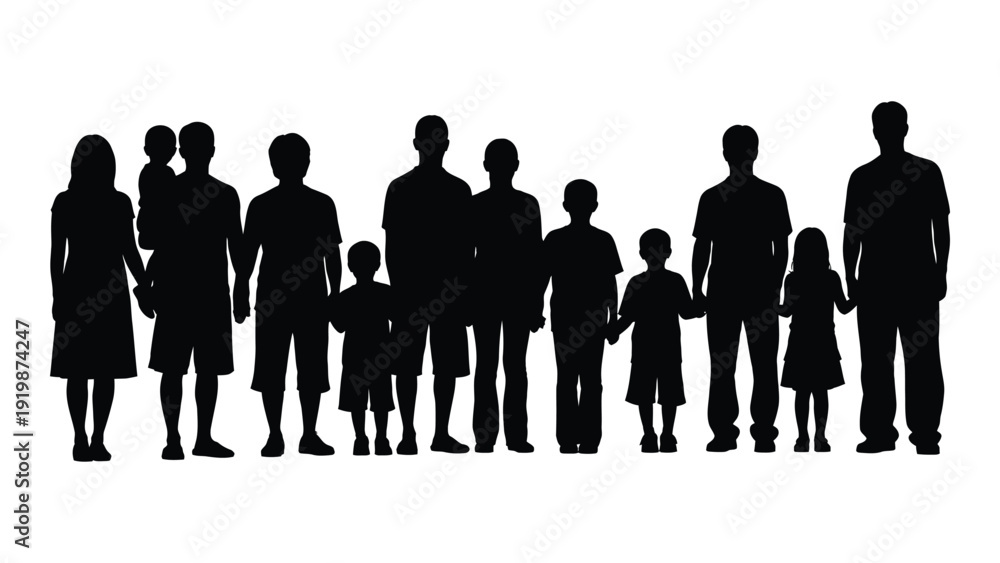 Φωτογραφία Silhouettes of a diverse family standing together in a line isolated on white ba