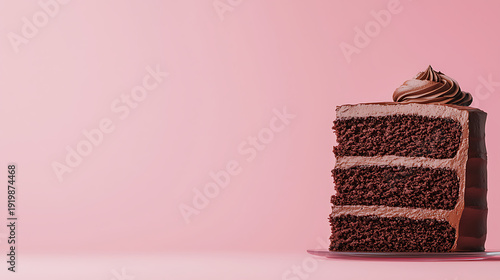 Delicious chocolate cake slice with rich frosting on soft pink background, perfect for dessert lovers and celebrations