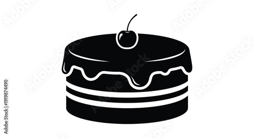 A simple black and white illustration depicts a small rounded chocolate cake topped with a cherry high quality