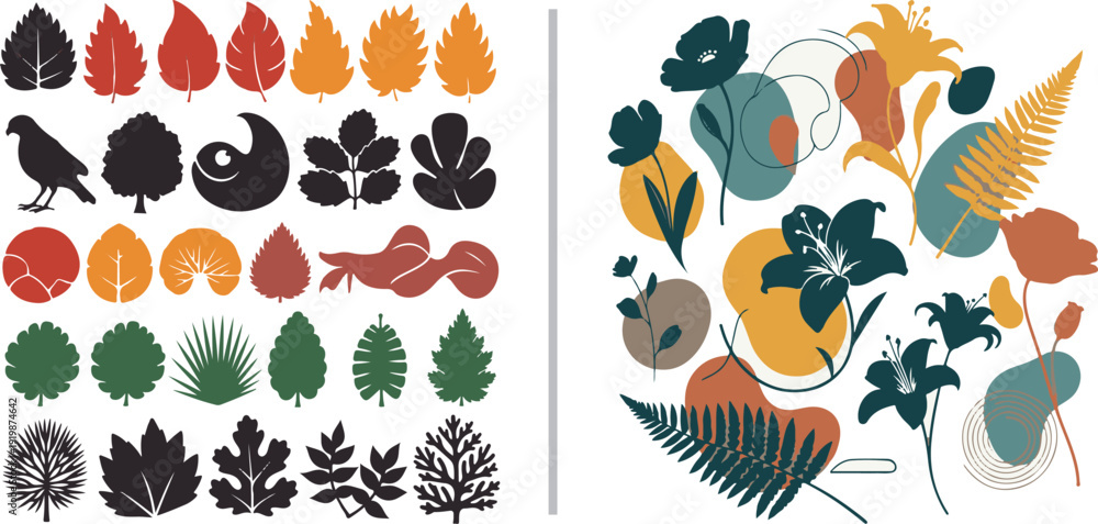 Ταπετσαρία A collection of botanical vector icons featuring colorful autumn leaf silhouettes and a stylized floral arrangement with organic shapes in a warm earth-tone palette