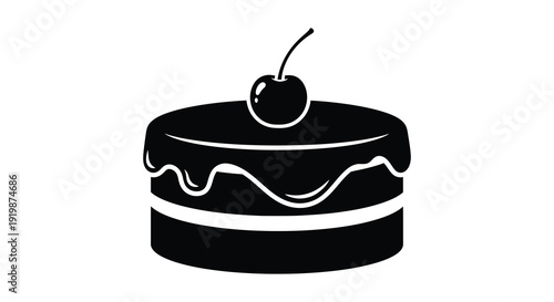 A minimalist black and white illustration depicts a small round chocolate cake topped with a single cherry high quality professional