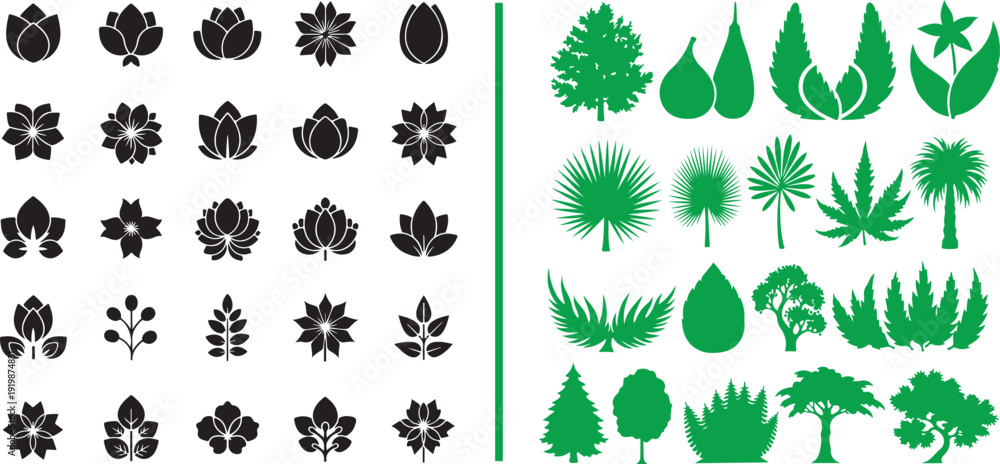 Fototapeta premium A diverse collection of botanical vectors featuring various flower silhouettes (roses, lilies, tulips) and leaf shapes, alongside colorful floral patterns and minimalist potted plant icons.