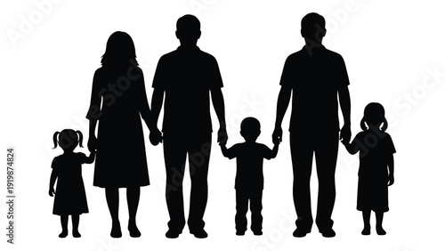 A diverse family of six standing together in silhouette form isolated on white background, Vector