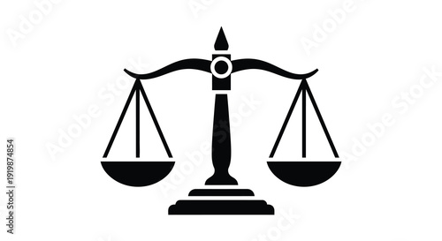 A stark black and white illustration depicts a traditional scale of justice symbolizing fairness and legal judgment high quality professional