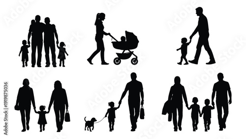 Silhouettes of diverse families and individuals engaging in various activities isolated on white background, Vector