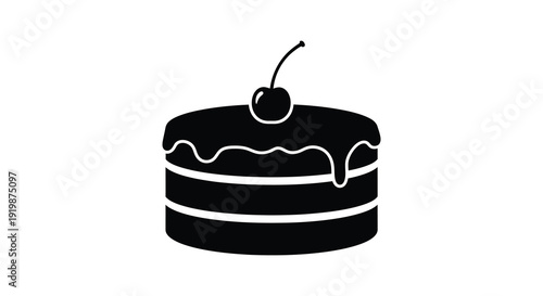 A minimalist black and white illustration depicts a single layer cake topped with a bright red cherry high quality professional