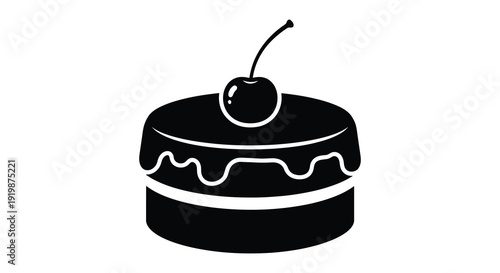 A simple black and white illustration depicts a layered cake topped with a single dark cherry high quality