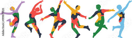 Colorful abstract silhouette illustration of seven dancing figures in dynamic poses, vibrant patterns, artistic movement, diversity, creativity, joy of dance, and expressive design concept
