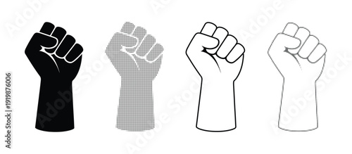 raised fist protest icon set black and white solidarity hand gesture vector illustration