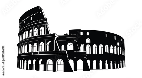 A striking black and white illustration depicts the colosseum in rome italy showcasing its iconic architectural design