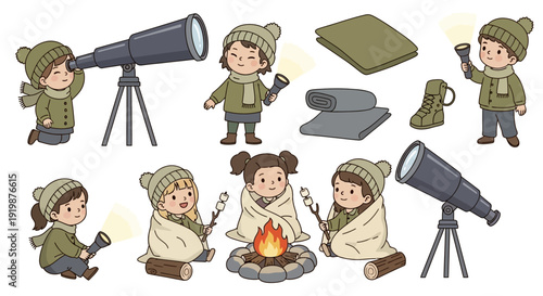 Group of children bundled in winter clothes enjoying camping activities like roasting marshmallows