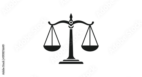 A stark black and white illustration depicts a traditional scale of justice symbolizing fairness and legal equilibrium high quality professional