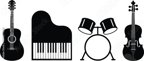 Black and white silhouette illustration of acoustic guitar, grand piano, drum set, and violin, representing diverse musical instruments, sound, creativity, performance, and artistic expression 
