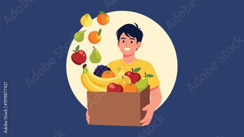 Happy young man holding a cardboard box filled with various fresh fruits like bananas apples and oranges on a dark blue background circle.