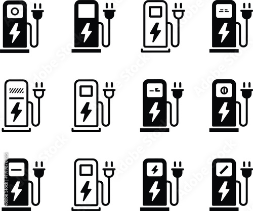 Collection of electric vehicle charging station icons with plug and lightning bolt symbols, modern EV charger silhouettes isolated on white background for eco transport design