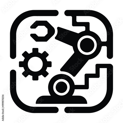 Robotic arm with gears and wrench in square frame industrial automation concept