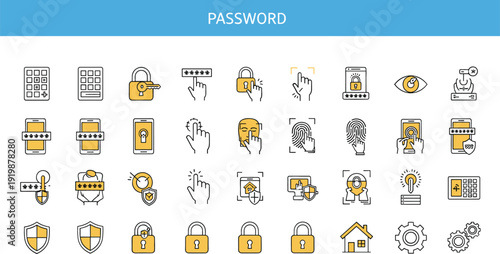 Comprehensive cybersecurity icon set featuring biometric fingerprint scanning facial recognition password protection locks shields and secure mobile login symbols for digital safety.