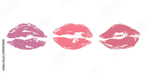 Set of lipstick kiss print Different shapes and colors imprint of lips Red pink female sexy lips makeup Design elements for beauty fashion poster Valentines Day wedding