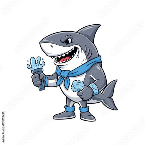 Aggressive cartoon shark mascot with blue bandana holding cleaning brush and suds
