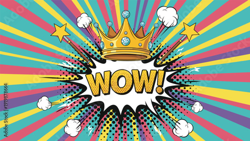 Vibrant pop art style illustration with a regal golden crown two magic wands and a comic book wow speech bubble over colorful rays of light.