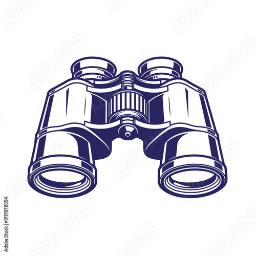 A pair of binoculars with a dark blue outline on a white background for observing distant objects clearly