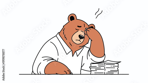 Tired Bear Businessman Holding Head in Hands Working at Office Desk