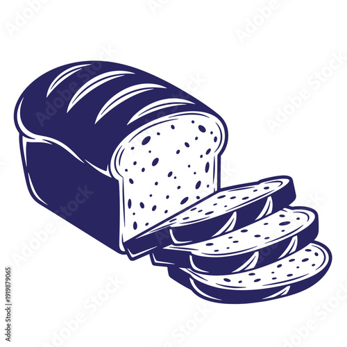 An illustration of a loaf of bread with slices cut off and fanned out to the side on white background