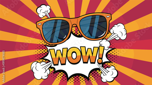 Vibrant comic pop art style illustration shows orange sunglasses and the word wow on a dynamic red and orange background.