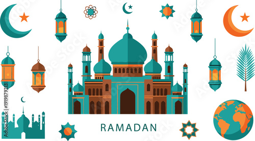 Elegant Ramadan Kareem illustration featuring a grand mosque building with domes lanterns crescent moons stars palm leaf and globe for global Islamic holiday celebrations.