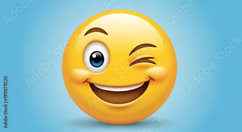 Winking smiling face emoji on blue gradient background with shallow depth of field