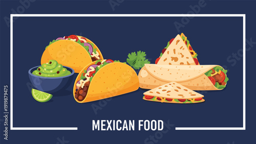 Tasty variety of mexican food including beef tacos and quesadillas are served with fresh guacamole on a dark background.