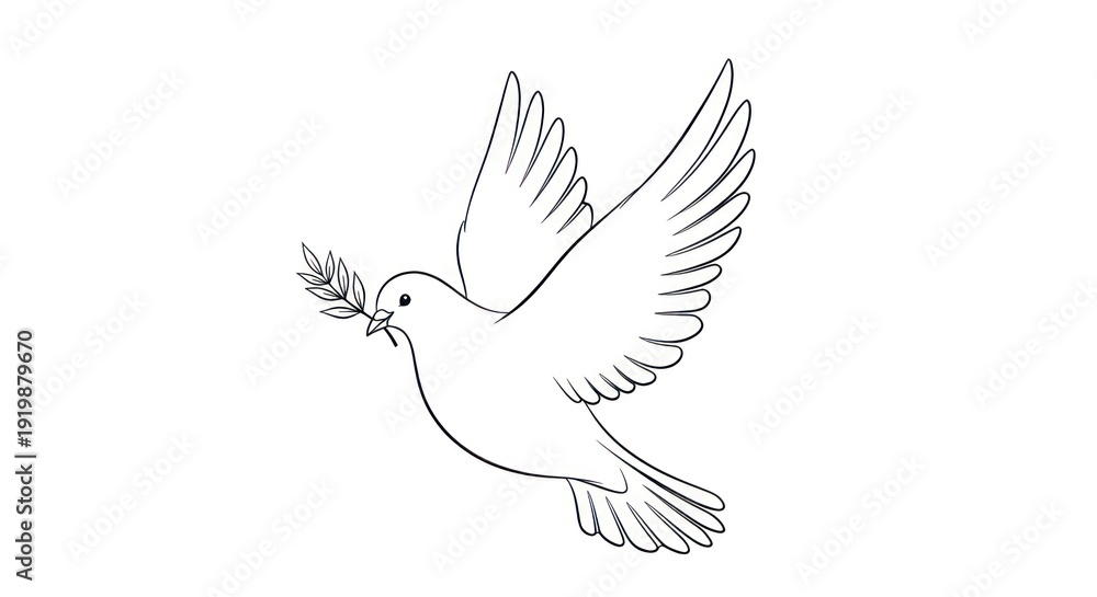 Fototapeta premium A black and white line drawing of a dove holding a branch in its beak, symbolizing peace.