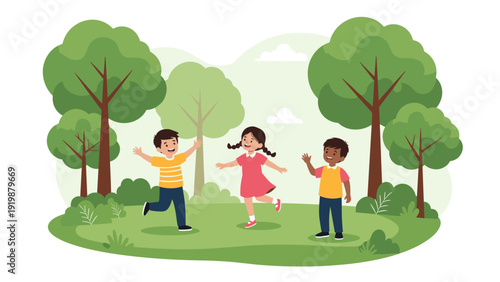 Group of happy children play and dance together in a forest clearing surrounded by tall green trees and white clouds.