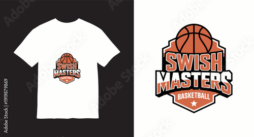 Basketball swish masters team mascot logo emblem with basketball ball and typography