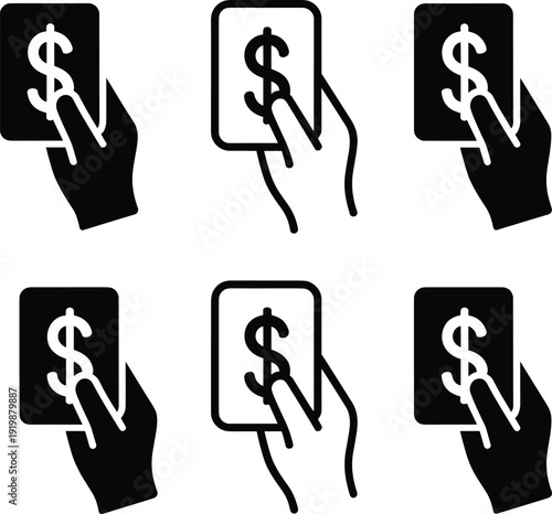 Set of mobile payment icons showing hand holding smartphone with dollar sign, digital transaction symbol, online banking concept, contactless payment vector illustration isolated